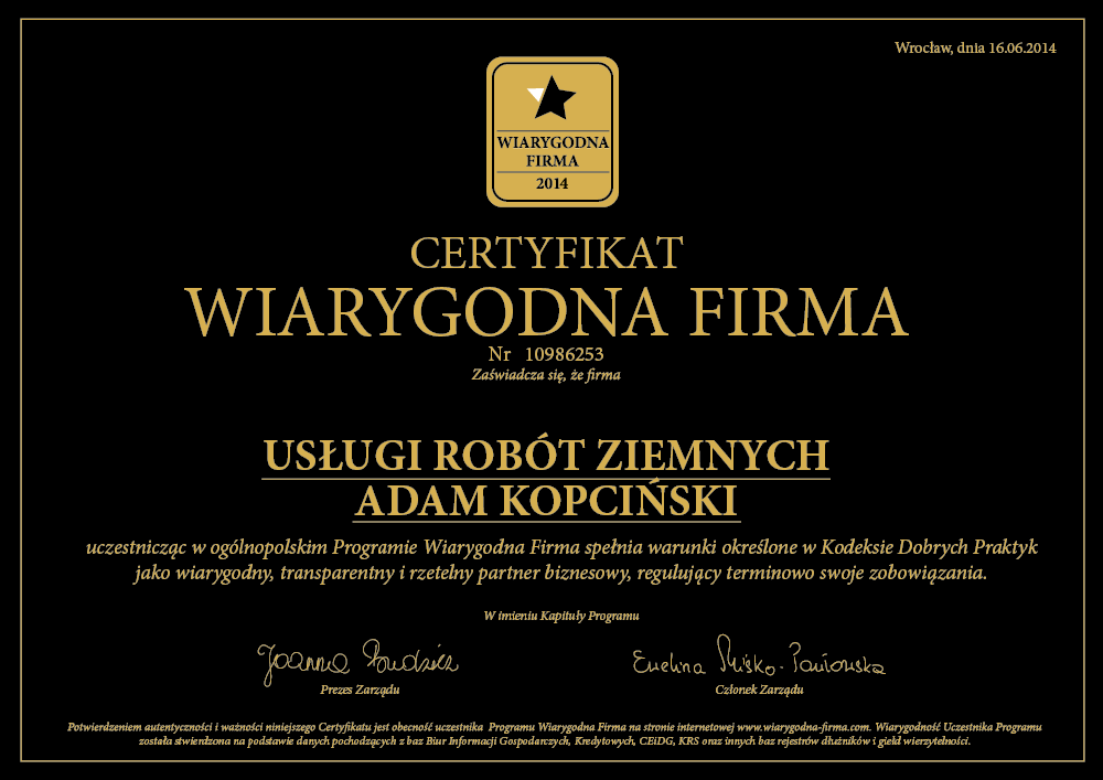 USŁUGI ROBÓT ZIEMNYCH ADAM KOPCIŃSKI Certyfikat Wiarygodna Firma